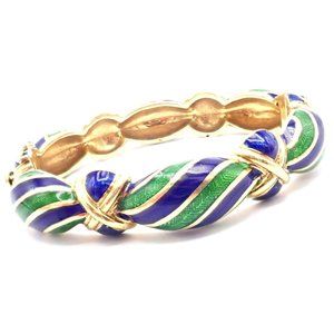 Authentic Vintage Tiffany & Co 18k Yellow Gold Green Blue Enamel Bangle Bracelet